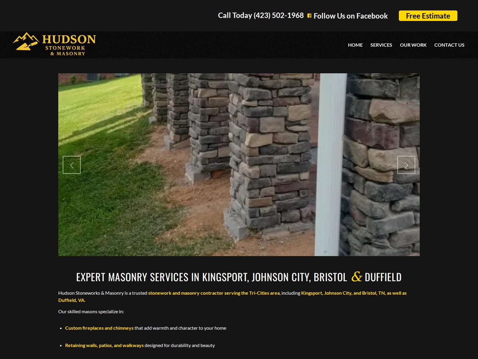 Screenshot of the Hudson Stoneworks & Masonry website homepage