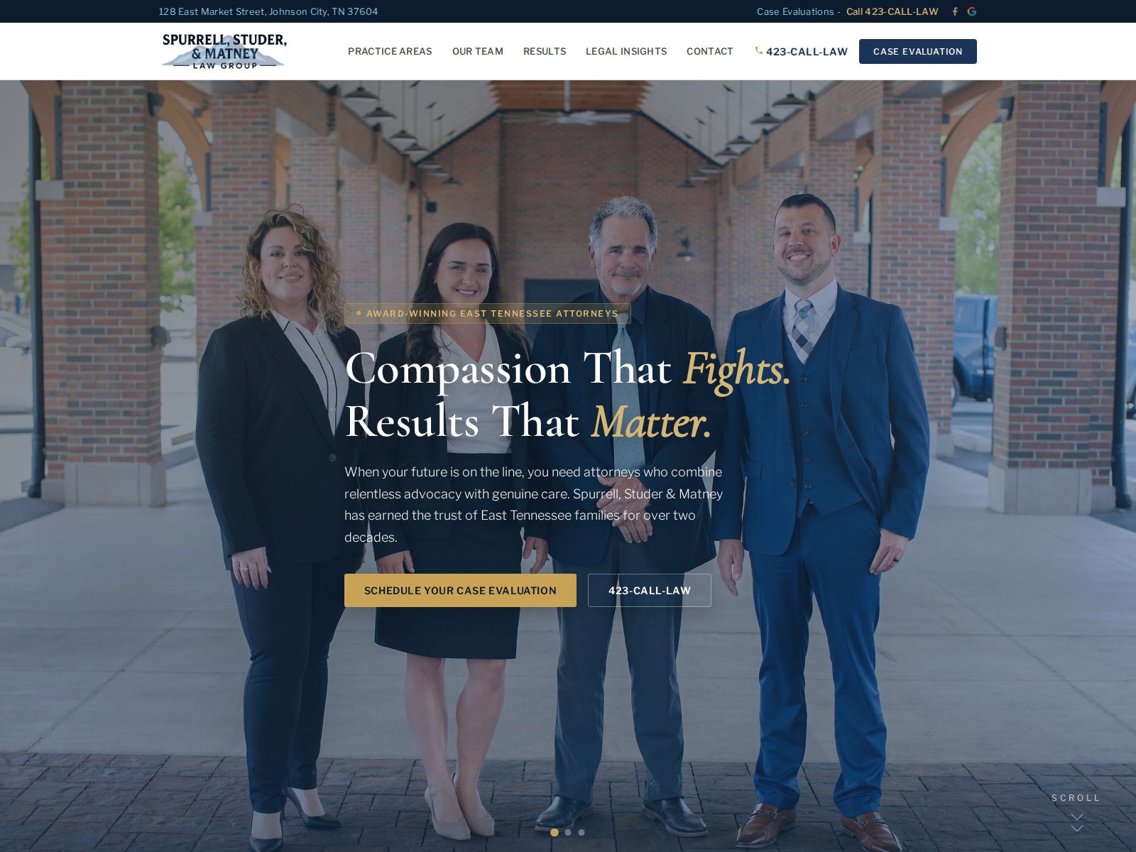 Screenshot of the Spurrell, Studer & Matney Law Group website homepage